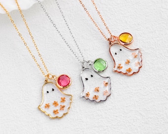 Collana fantasma con pietra portafortuna personalizzata, collana con ciondolo fantasma, gioielli floreali fatti a mano, regalo di compleanno unico, regalo di Halloween personalizzato per lei