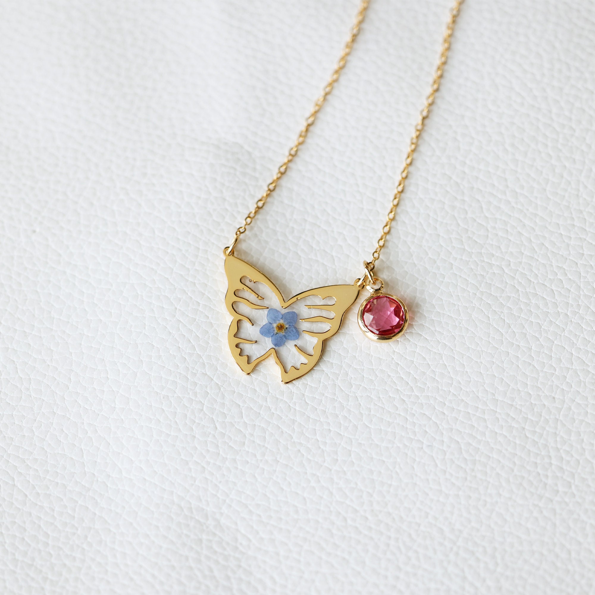 Sterling Silver Forget Me Not Flower Butterfly Necklace, Custom Birthstone Necklace, Handmade Real Pressed Flower, Birthday Gift for Her