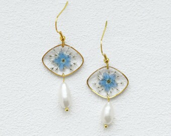 Pendientes de flores de no me olvides para mujer, pendientes de flores prensadas reales, pendientes de perlas, regalo para mamá, regalo de aniversario de cumpleaños para ella