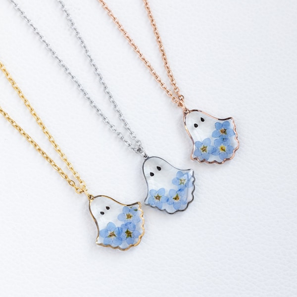 Forget Me Not Flower Ghost Necklace, Handmade Real Flower Resin Necklace, Ghost Charm Necklace, Unique Birthday Gift, Halloween Gift Her