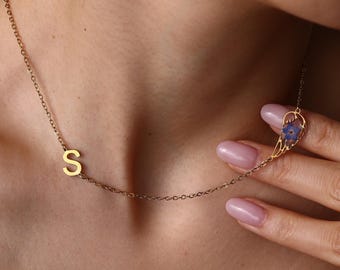 Angel Wing Initial Necklace, Forget Me Not Flower Memorial Jewelry, Custom Letter Remembrance Keepsake, Sympathy Gift for Her