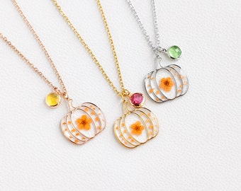 Custom Birthstone Pumpkin Resin Necklace, Handmade Real Flower Necklace, Halloween Pumpkin Necklace, Autumn Jewelry, Halloween Gifts for Her