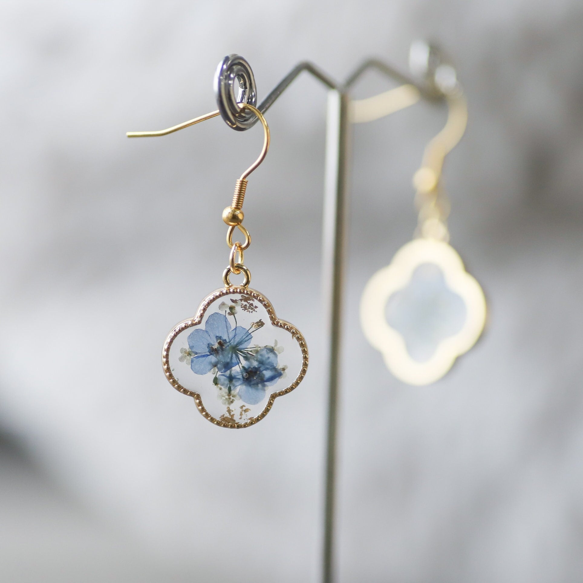 Gold Forget Me Not Flower Earrings, Clover Earrings for Women, Real Pressed Flower Earrings, Handmade Floral Earrings for Her, Gift for Mom