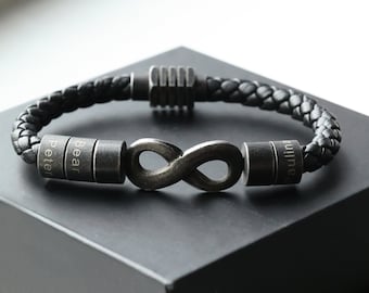 Personalized Infinity Leather Bracelet for Men, Leather Handcrafted Braided Rope, Family Names Bracelet, Birthday Gift for Dad, Gift for Him