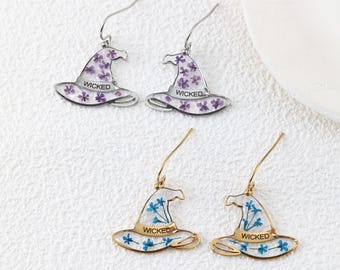 Halloween Witch Hat Earrings, Real Forget Me Not Flower Resin Drop Earrings, Personalized Cute Spooky Jewelry, Engraved Floral Jewelry Gift
