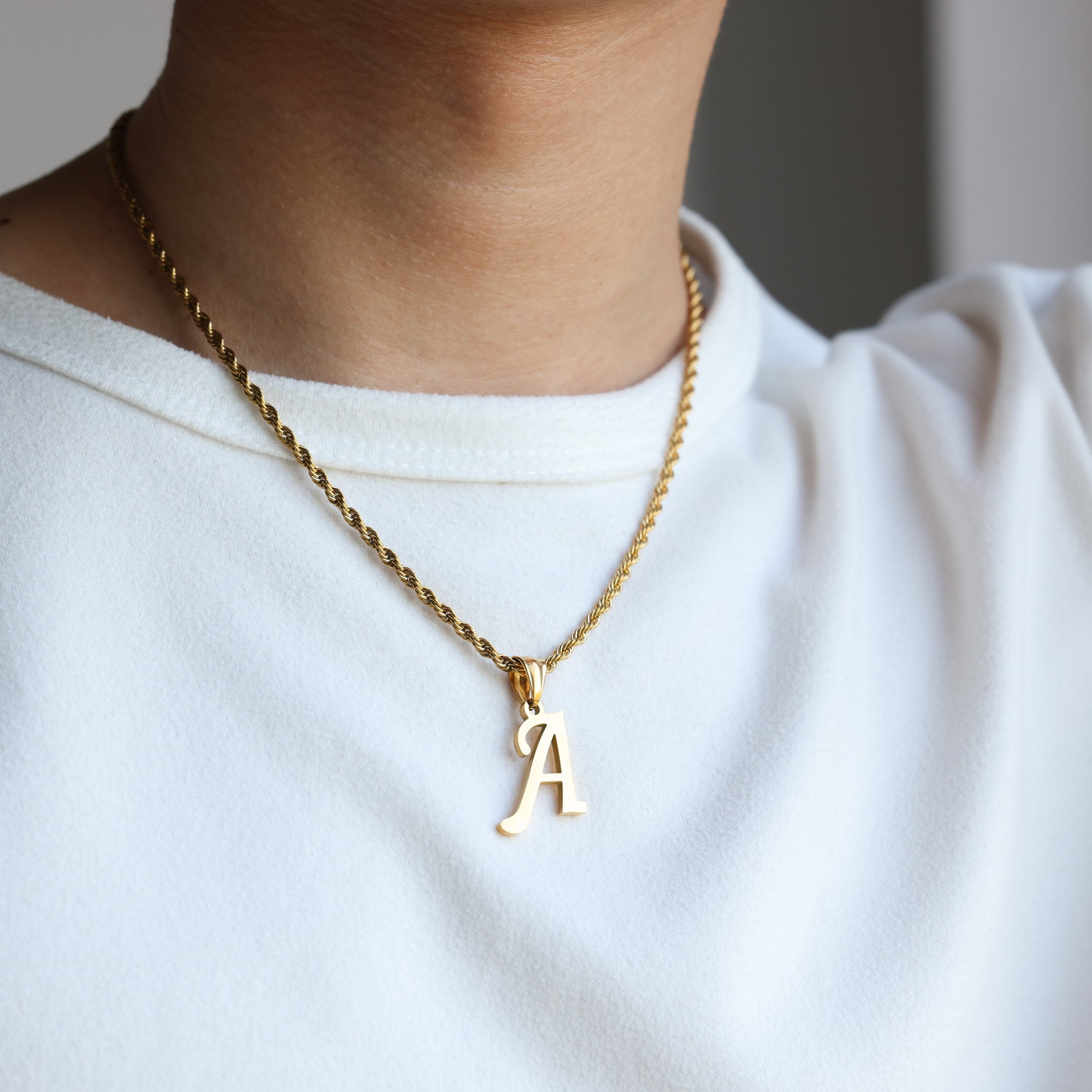 18K Gold Personalized Initial Necklace for Men, Rope Chain Necklace ...