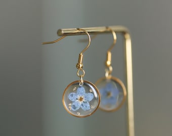 Gold Forget Me Not Flower Earrings for Women, Handmade Pressed Real Flower Resin Earrings, Dired Flower Dangle Drop Earrings, Birthday Gift