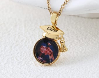 Personalized Graduation Cap Necklace, Masters Degree Gift, New Chapter Keepsake, Custom Photo Gift, Forget Me Not Graduate Gift for Her