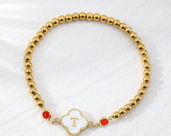 Custom Mother of Pearl Initial Beaded Bracelet with Birthstone Accent, Gold Stainless Steel Bead Bracelet