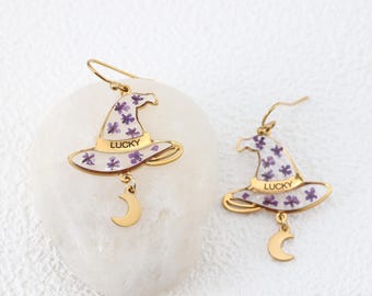 Personalized Witch Hat Earrings, Halloween Moon Dangle Earrings, Custom Engraved Witch Jewelry, Spooky Gift for Her
