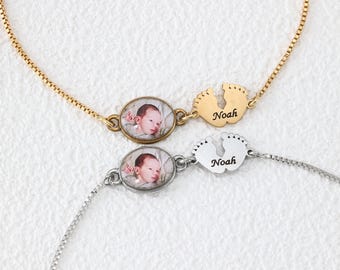 Personalized Baby Photo Bracelet, Custom Baby Name Jewelry, Footprint Bracelet, New Mom Gift, Pregnancy Gift, Baby Shower Gift
