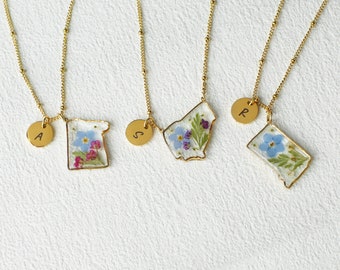 Custom Initial States Necklace, Real Flower Long Distance Necklace, Friendship Couple Necklace, Birthday Gift, Anniversary Gift for Her
