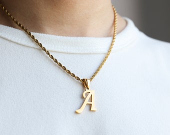 18K Gold Personalized Initial Necklace For Men, Rope Chain Necklace With Initial, Gold Letter Pendant Twist Chain Necklace, Gift For Him