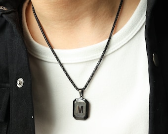 Custom Men's Initial Necklace, Personalized Black Letter Necklace For Men, Birthday Gift for Him, Anniversary Gift for Dad