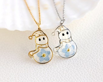 Snowmen Necklace, Handmade Real Flower Necklace, Christmas Snowmen Necklace, Winter Necklace, Christmas Gift, Holiday Gift, Gift for Her