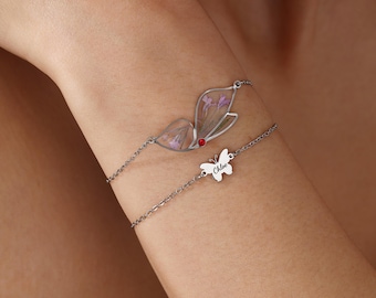 Custom Butterfly Birthstone Bracelet, July Birth Month Gift, Name Bracelet, Real Dried Flower Jewelry, Double Layer Butterfly Jewelry