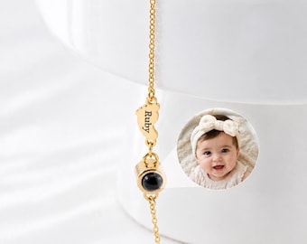 Personalized Baby Feet Projection Bracelet, Custom Baby Photo Bracelet, Engraved Baby Name Bracelet, New Mom Keepsake, Newborn Gift for Her