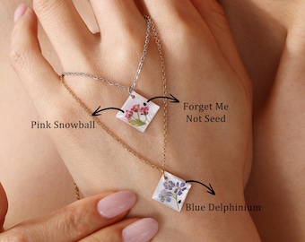 Mother of Pearl Necklace, Botanical Pendant Jewelry, Real Dried Flower Necklace, Forget Me Not Seed Jewelry, Nature Inspired Floral Jewelry
