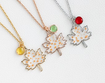 Colar de folha de bordo com pedra de nascimento personalizada, colar de flor prensada feito à mão, colar de folha de bordo com flor de laranjeira, joias de outono, presente para ela
