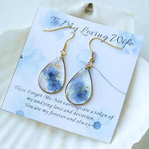 Boucles d'oreilles pour femme aimante, Boucles d'oreilles fleurs Forget Me Not, Cadeau d'anniversaire pour femme, Cadeau pour femme avec carte, Cadeau d'anniversaire, Cadeau pour elle