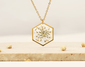 Queen Anne's kanten ketting voor vrouwen, geperste bloemketting, handgemaakte sieraden, bruidsmeisjesieraden, verjaardagscadeau, Moederdagcadeau