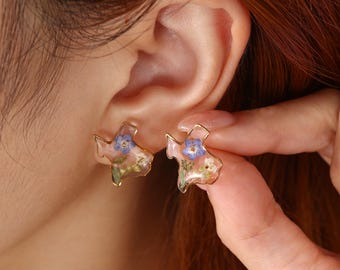 Custom State Stud Earrings, Real Flower Jewelry, Long Distance Friendship Gift, Going Away Gift for Best Friend, Hometown Keepsake