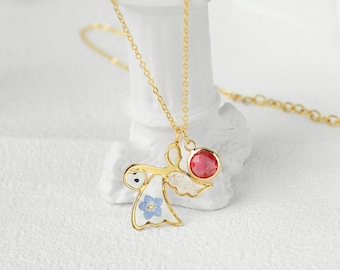 Aangepaste geboortesteen engelenketting, baby's Breath and Forget Me Not Seed-ketting, handgemaakte bloemenketting, miskraamcadeau, babyverlies cadeau