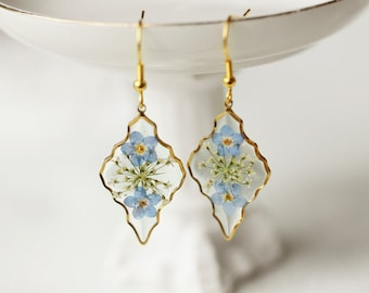 Forget Me Not Flower Earrings, Leaf Resin Earrings for Women, Handmade Real Flower Earrings, Nature Lover Gift, Earring Gift for Mother