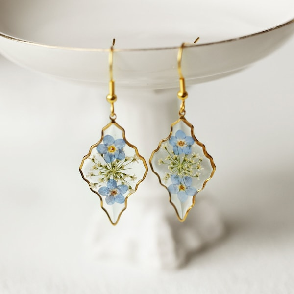 Forget Me Not Flower Earrings, Leaf Resin Earrings for Women, Handmade Real Flower Earrings, Nature Lover Gift, Mother's Day gift
