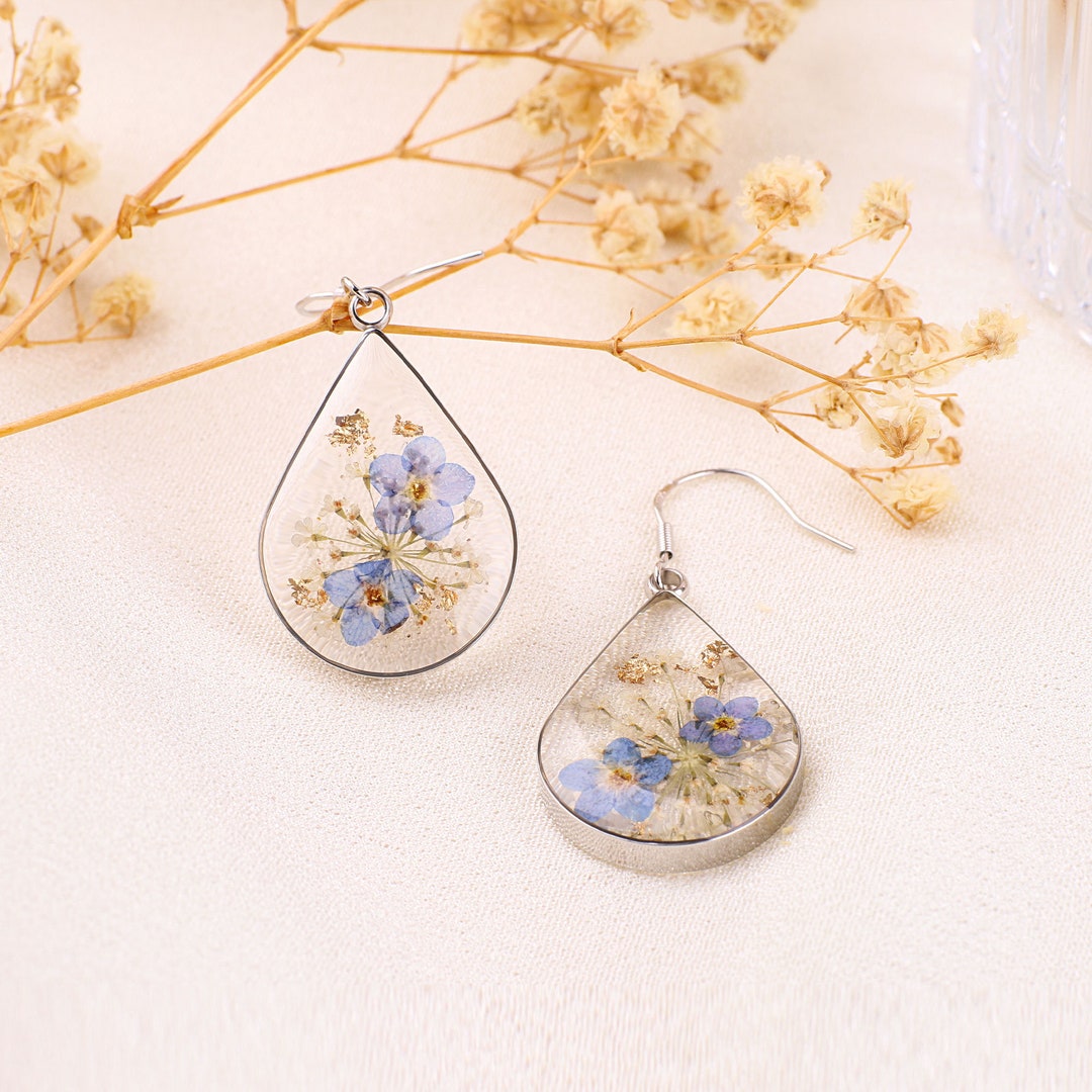 Pressed Flower Earrings -Abstract Face Forget Me Not Flower main image 0