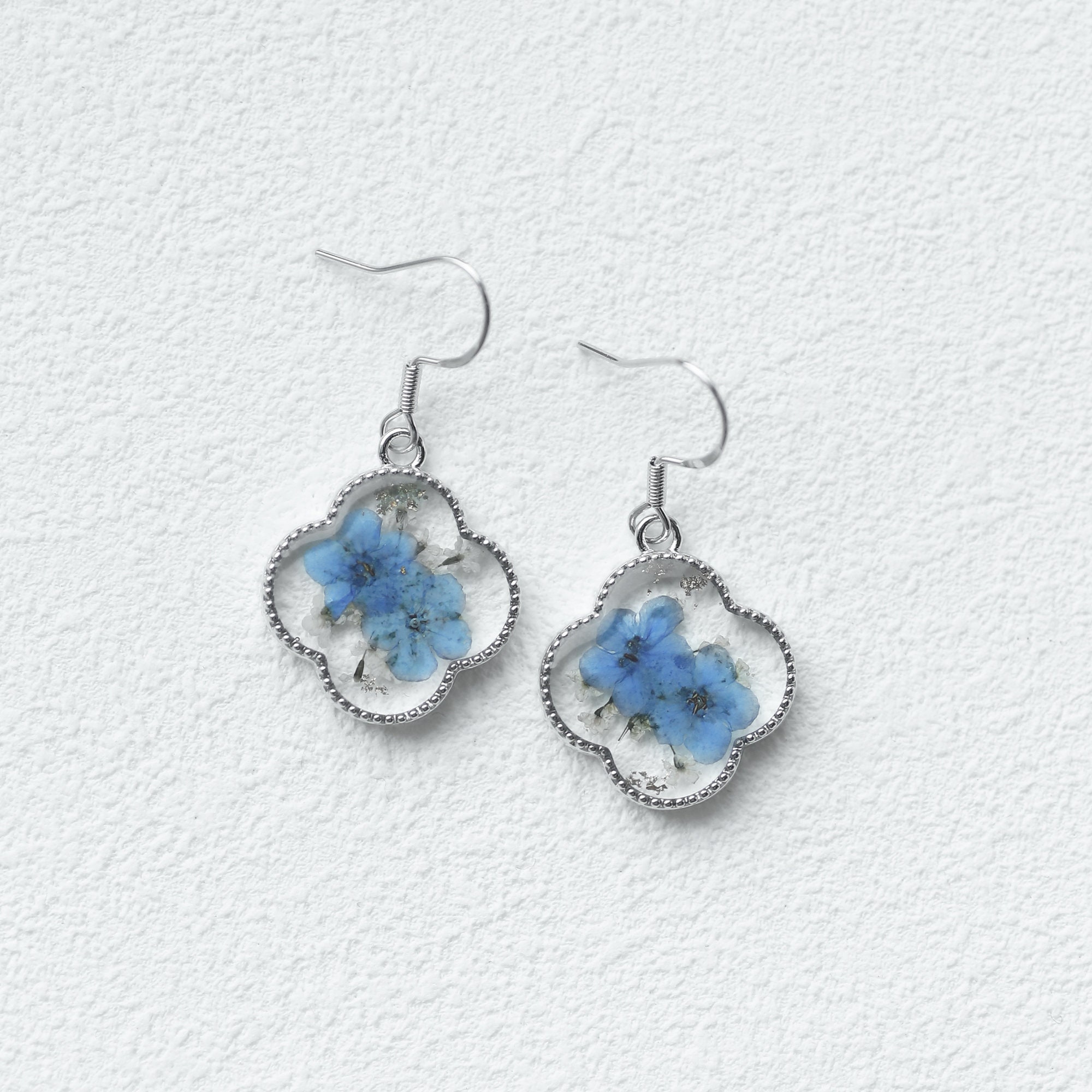 Gold Forget Me Not Flower Earrings, Clover Earrings for Women, Real Pressed Flower Earrings, Handmade Floral Earrings for Her, Gift for Mom
