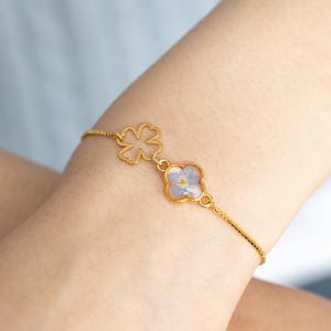 Forget Me Not Flower Bracelet for Women, Lucky Four Leaf Clover Bracelet, Good Luck Bracelet, Handmade Real Flower, Birthday, Christmas Gift