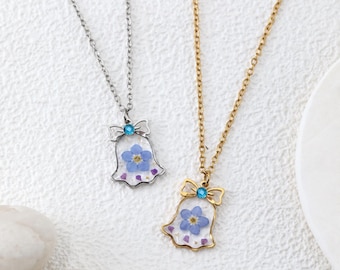 Halloween Ghost Necklace, Birthstone Forget Me Not Flower Pendant, Real Flower Resin Pendant, Personalized Spooky Jewelry Gift For Her