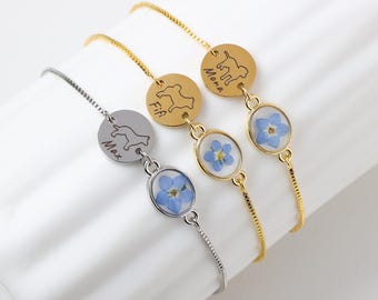 Anpassat hundnamn Förgätmigej blommaarmband, hundrasarmband, hundminnesarmband, armband för hundförlust, gåva för sympati med husdjur, present till hundmamma