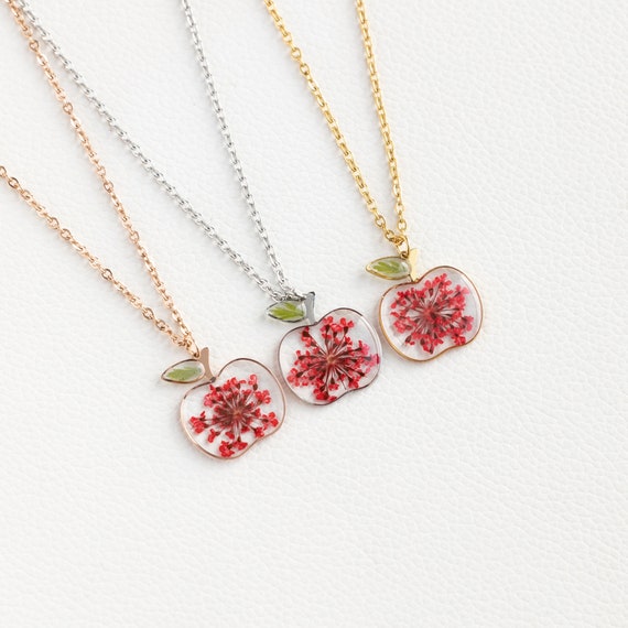 Red Flower Apple Necklace, Handmade Real Queen Anne's Lace Flower