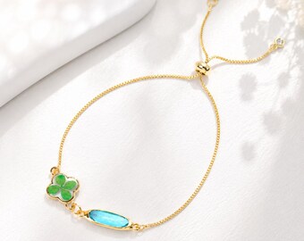 Personalized Four Leaf Clover Birthstone Bracelet, Lucky Clover Gift for Mom, Family Blessing Bracelet, Growth Gift for Child