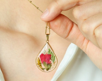 Gold Birth Month Flower Necklace for Women, Custom Birth Flower Necklace, Handmade Real Flower Necklace, Birthday Gift, Gift for Her