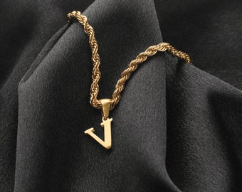 Collar con inicial personalizado de oro de 18 quilates para hombre, collar de cadena de cuerda para hombre con inicial, collar de cadena torcida con colgante de letra, regalo para él