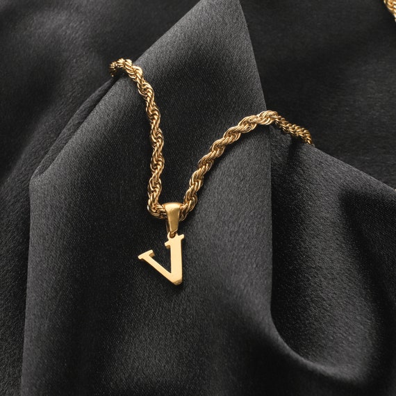 18K Gold Custom Initial Necklace For Men, Mens Rope Chain Necklace With Initial, Letter Pendant Twist Chain Necklace, Father's Day gift