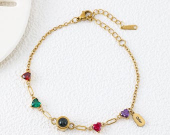 Custom Projection Stone Bracelet with Birthstone Charms, Heart & Round Photo Projection Jewelry, Personalized Memory Bracelet for Mom