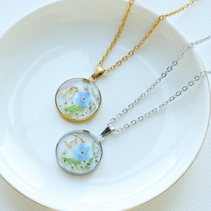 Collar personalizado con inicial "No me olvides", collar de flores prensadas secas hecho a mano, collar con letras personalizado, regalo de cumpleaños, regalo para ella
