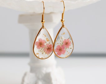 Pendientes de flor de nomeolvides rosa, pendientes colgantes para mujer, pendientes de flores reales hechos a mano, joyería de resina, regalo de cumpleaños para ella