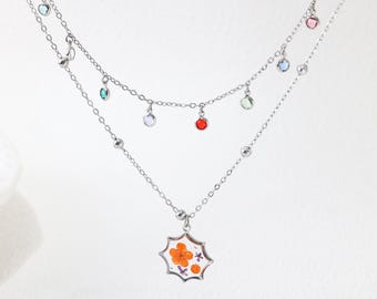 Halloween Layered Floral Necklace, Real Pressed Orange Forget Me Not Flower Resin Pendant, Birthstone Jewelry, Halloween Gift for Her