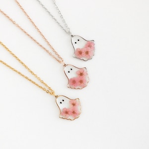 Pink Forget Me Not Flower Ghost Necklace, Handmade Real Flower Necklace, Ghost Charm Necklace, Unique Birthday Gift, Halloween Gift Her