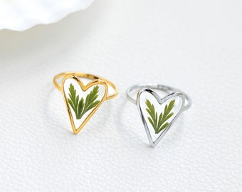 Herz echte Farn Blatt Harz Ring, handgemachte gepresste grüne Blatt Ring, Natur Schmuck, Pflanzenliebhaber Geschenk, Weihnachtsgeschenk, einzigartiges Geburtstagsgeschenk