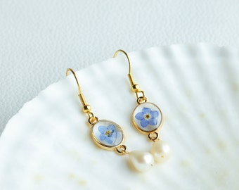 Gold Forget Me Not Flower Earrings, Dangle Drop Earrings, Real Pressed Flower Earrings, Pearl Earrings for Women, Birthday Gift for Her