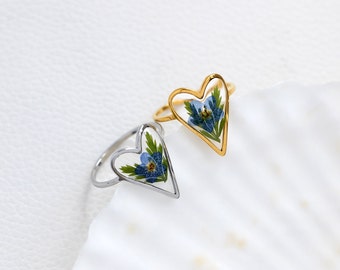 Heart Forget Me Not Flower Ring, Handmade Pressed Flower Ring, Botanical Jewelry, Bridesmaid Gifts, Memorial Gift, Birthday Gift for her