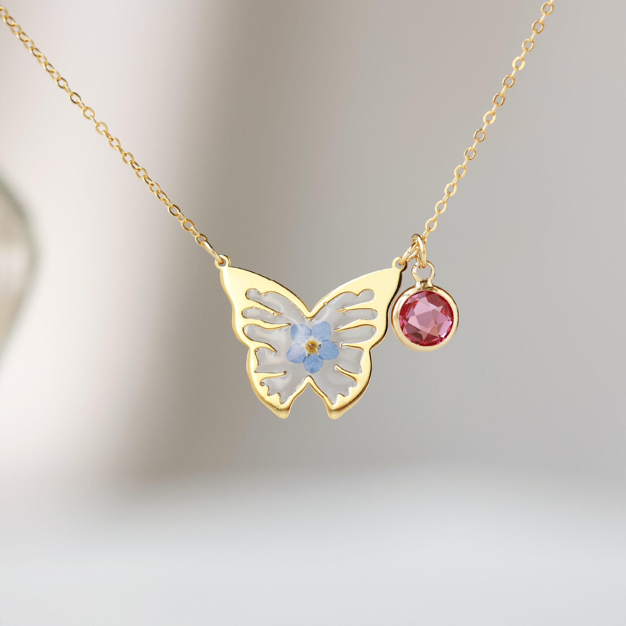 Sterling Silver Forget Me Not Flower Butterfly Necklace, Custom Birthstone Necklace, Handmade Real Pressed Flower, Birthday Gift for Her