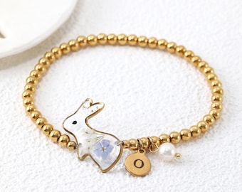 Personalized Bunny Initial Bracelet, Dainty Floral Resin Charm, Halloween Gift for Rabbit Mom, Festival Gift for Women