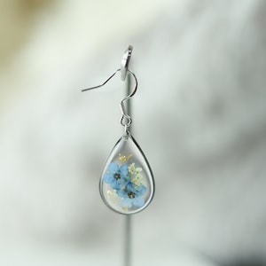 925 Sterling Silver Forget Me Not Flower Earrings, Real Pressed Flower Earrings, Handmade Floral Earrings for Women, Dangle Drop Earrings